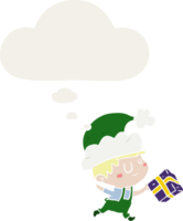 cartoon happy christmas elf en gedachte bel in retro stijl png