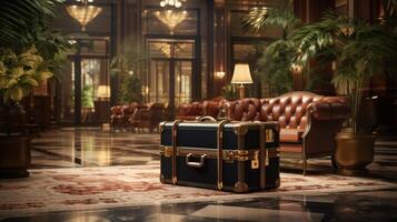 AI generated Luxury Travel Suitcase in Elegant Hotel Lobby photo