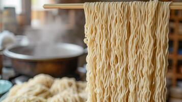 ai generado Fresco ramen tallarines colgando a seco en tradicional cocina foto