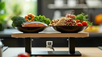 AI generated Healthy Food Balanced on Kitchen Scales photo