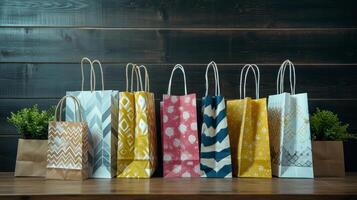 AI generated Assorted Decorative Gift Bags on Dark Wooden Surface photo