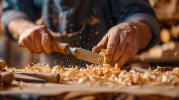 AI generated Master Craftsman Carving Wood in a Dusty Workshop photo