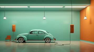 AI generated Vintage Electric Car Charging in Modern Garage photo