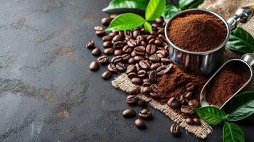 AI generated Fresh Coffee Beans and Grounds with Scoop and Leaves photo