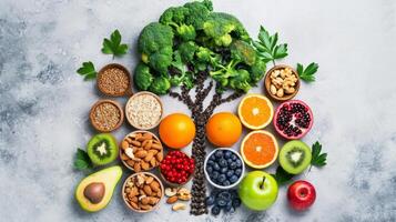 AI generated Nutritious Broccoli Tree with Healthy Foods on Concrete Background photo