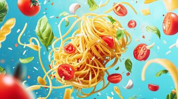AI generated Floating Spaghetti with Fresh Ingredients in Mid-Air photo