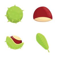 Chestnut icons set cartoon vector. Chestnut with leaf and spiky shell vector