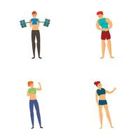 Bodybuilding icons set cartoon vector. Man and woman during training vector