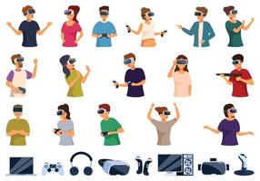 Video game virtual reality icons set cartoon vector. Vr headset vector