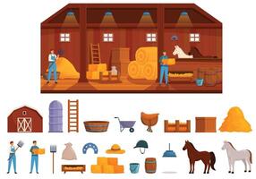 Farm stable icons set cartoon vector. Barn floor interior vector