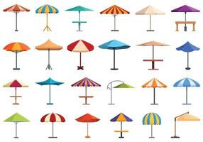 Outdoor cafe umbrella icons set cartoon vector. Street table design vector