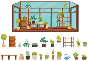 Greenhouse interior icons set cartoon vector. Plant shelves vector