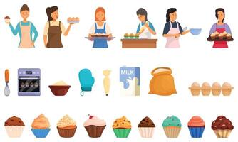 Woman cupcakes icons set cartoon vector. Female sweet food vector