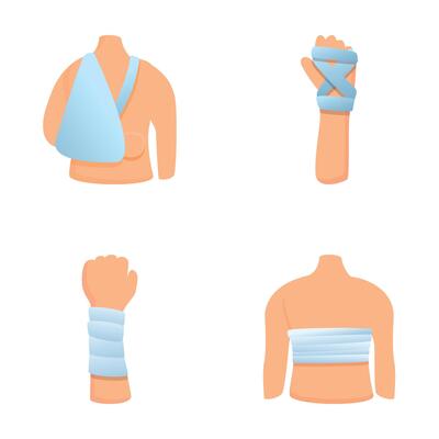 Bandage icons set cartoon vector. Trauma bandaging technique