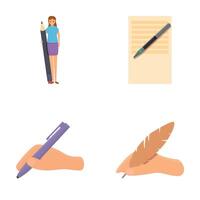 Writer icons set cartoon vector. Woman writing on paper sheet vector