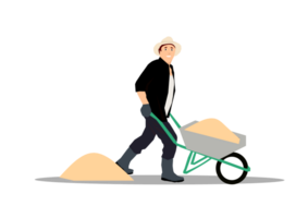 a man pushing a wheelbarrow with sand png