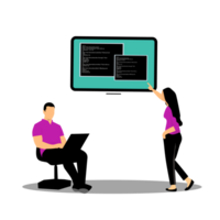 a man and woman are standing in front of a computer screen png