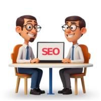 two cartoon men sitting at a table with a laptop and seo sign png