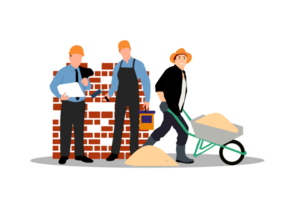 construction workers with brick wall and wheelbarrow png