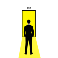 a man in a suit standing in front of an exit sign png