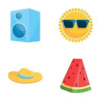 Summer rest icons set cartoon vector. Sun hat watermelon slice and speaker vector