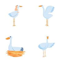 Stork icons set cartoon vector. Cute cartoon white stork vector