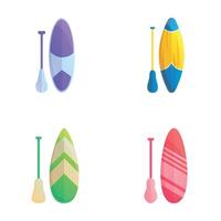 Sup surfing icons set cartoon vector. Various inflatable sup board with paddle vector