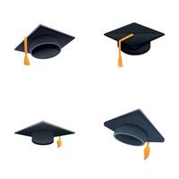 graduación gorra íconos conjunto dibujos animados vector. negro gorra de graduación Universidad vector