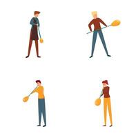 Glass blower icons set cartoon vector. Glassworker character working with glass vector