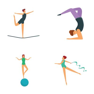 Rhythmic gymnastics icons set cartoon vector. Girl doing rhythmic gymnastics
