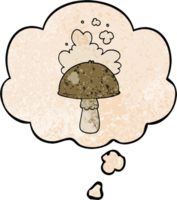 cartoon mushroom with spore cloud and thought bubble in grunge texture pattern style png