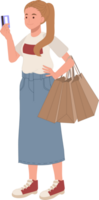 Einkaufen Konzept. Frau ist Einkaufen. das Mädchen mit das Einkaufen Taschen. png