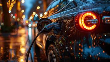 AI generated Electric car being recharged at EV charging station photo