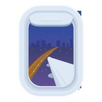 Night airplane window view icon cartoon vector. Discover jet vacation vector