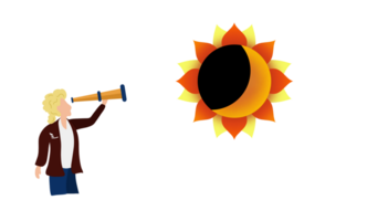 solaire éclipse, scientifique solaire éclipse animation, lune traversée le brillant, scientifiques regarder le solaire éclipse, dessin animé personnage style, adapté pour école éducatif contenu, scientifique expérience png