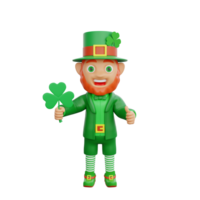 3d Illustration von st. Patrick's Tag Charakter Kobold halten ein Glücklich Kleeblatt png