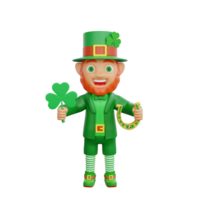 3D illustration of St. Patrick's Day character leprechaun holding a lucky clover and a golden horseshoe png