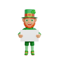 3D illustration of St. Patrick's Day character leprechaun holding a blank board sign png
