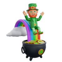 3D illustration of St. Patrick's Day character leprechaun leaping over a rainbow png