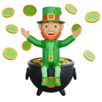 3d illustratie van st. Patrick dag karakter elf van Ierse folklore omringd door gouden munten versierd met klavers png