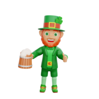 3d Illustration von st. Patrick's Tag Charakter Kobold halten hölzern Tassen von Bier png