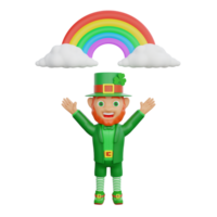 3D illustration of St. Patrick's Day character leprechaun celebrating under a colorful rainbow png