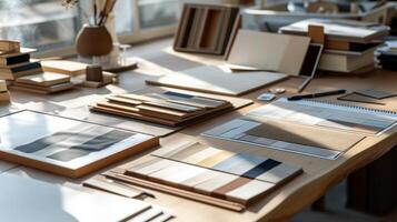 AI generated Interior Designer's Desk with Material and Color Samples photo