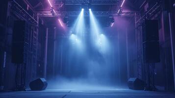 AI generated Theatrical Stage Illumination with Purple Hues and Fog photo