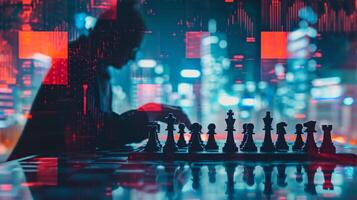 AI generated Strategic Chess Game with a Vibrant Futuristic Cityscape photo