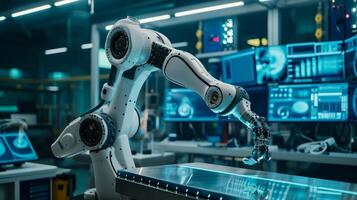 AI generated Robotic Arm Operating in a High-Tech Manufacturing Facility photo