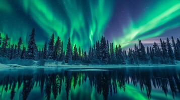 AI generated Aurora Borealis Mirrored in Calm Lake Waters photo
