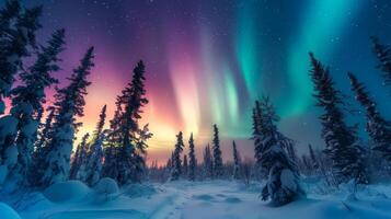 AI generated Majestic Aurora Borealis Over a Snowy Forest photo