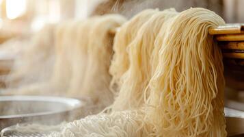 AI generated Traditional Asian Kitchen with Fresh Noodles Drying on Bamboo Rods photo