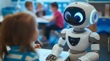 ai generado futurista educación concepto con robot y niño Interacción foto